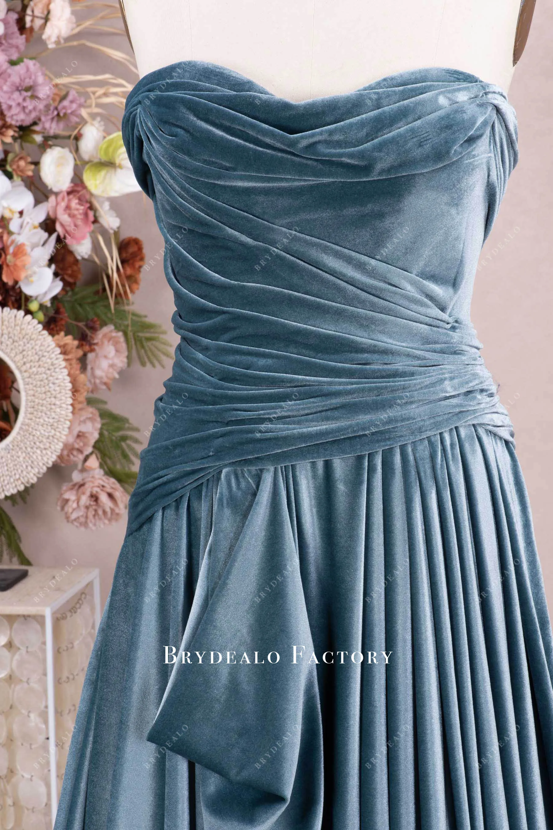 Elegant Dusty Blue Velvet Ruched Formal Dress with Shawl