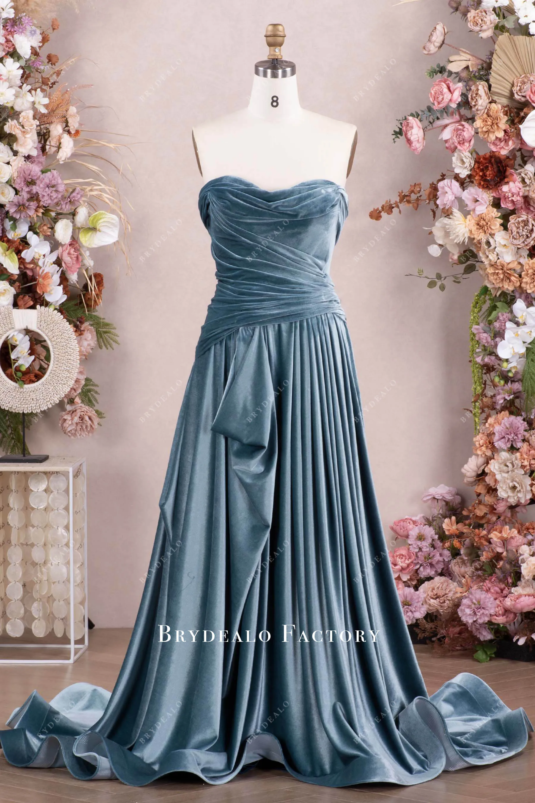 Elegant Dusty Blue Velvet Ruched Formal Dress with Shawl