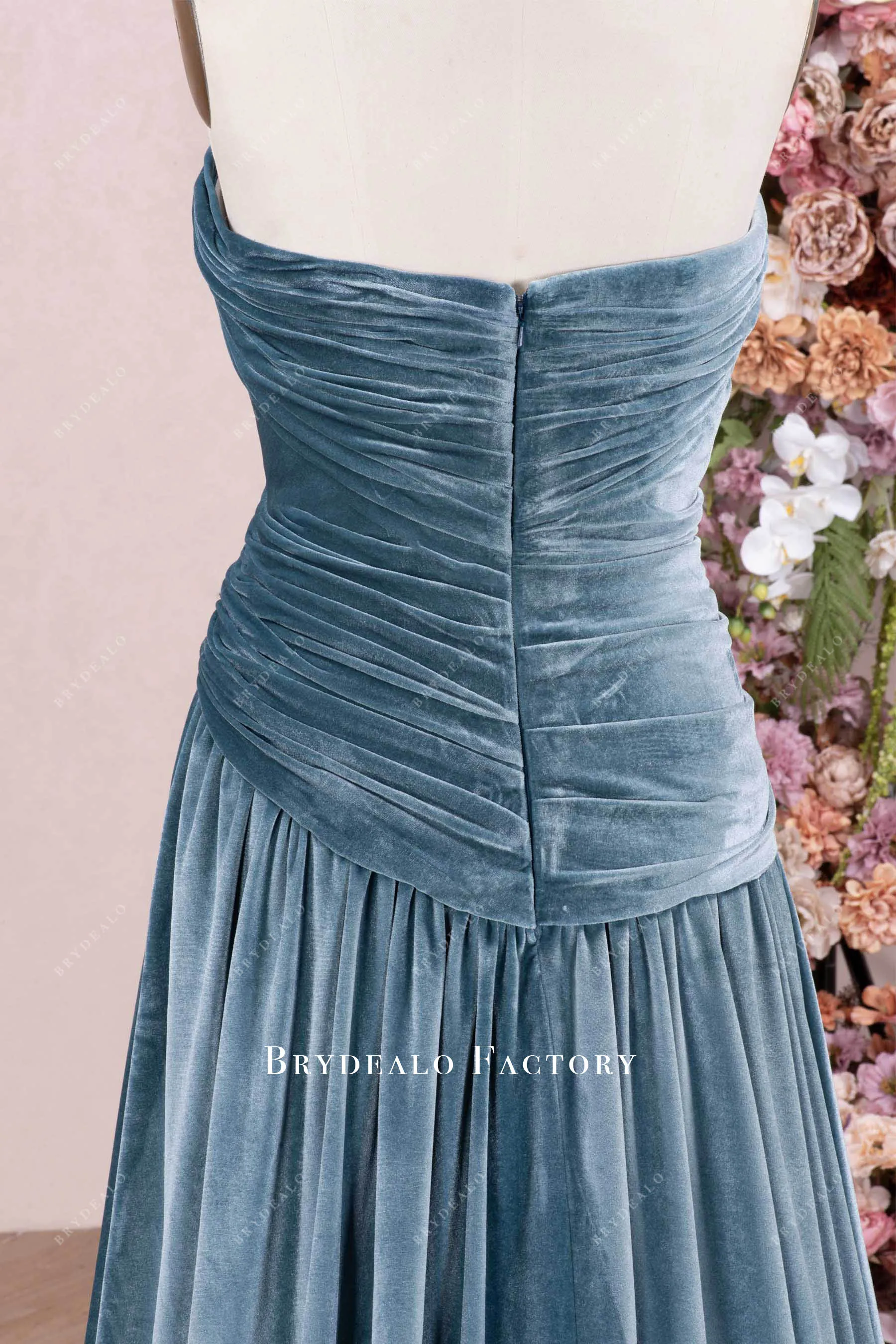 Elegant Dusty Blue Velvet Ruched Formal Dress with Shawl