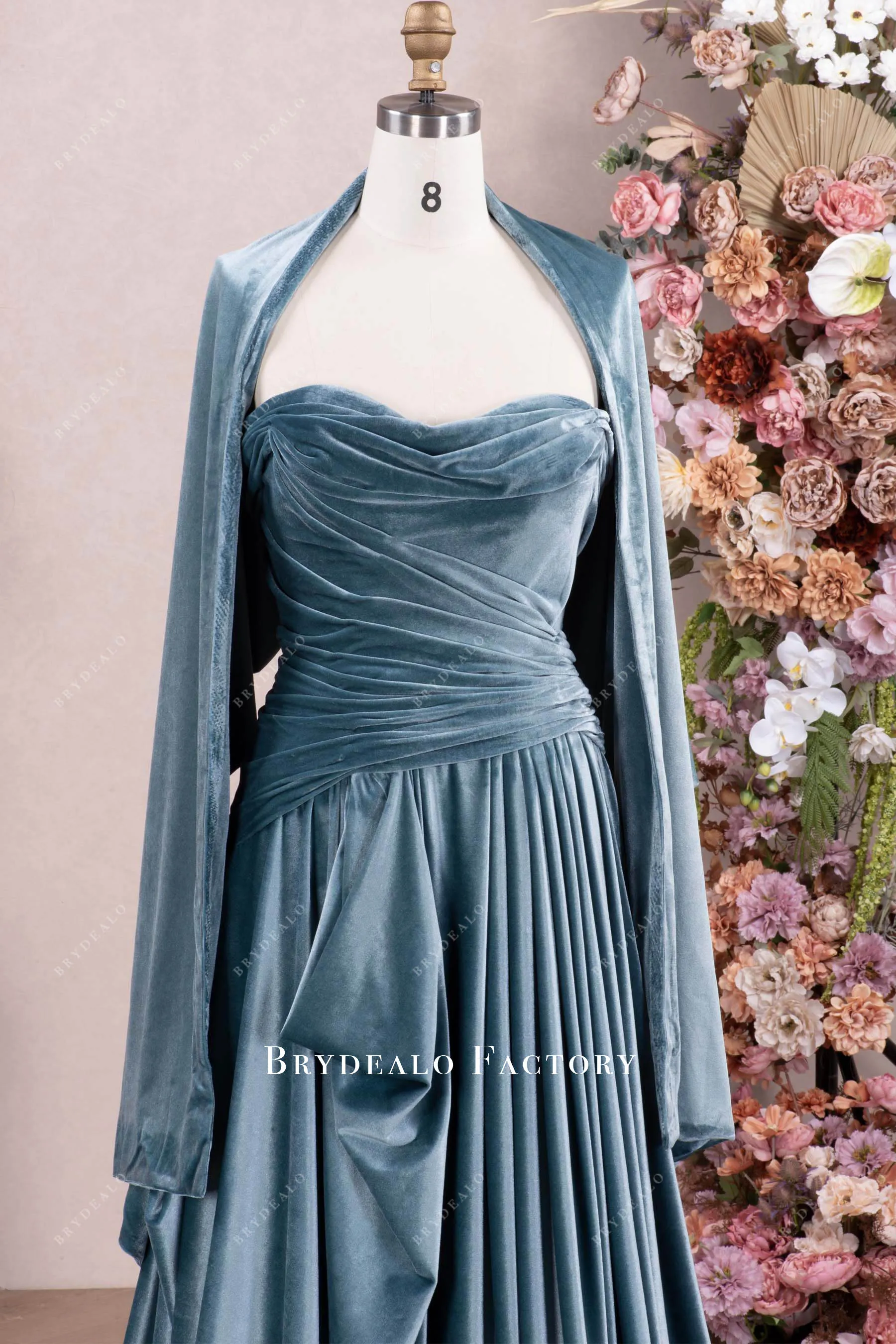 Elegant Dusty Blue Velvet Ruched Formal Dress with Shawl