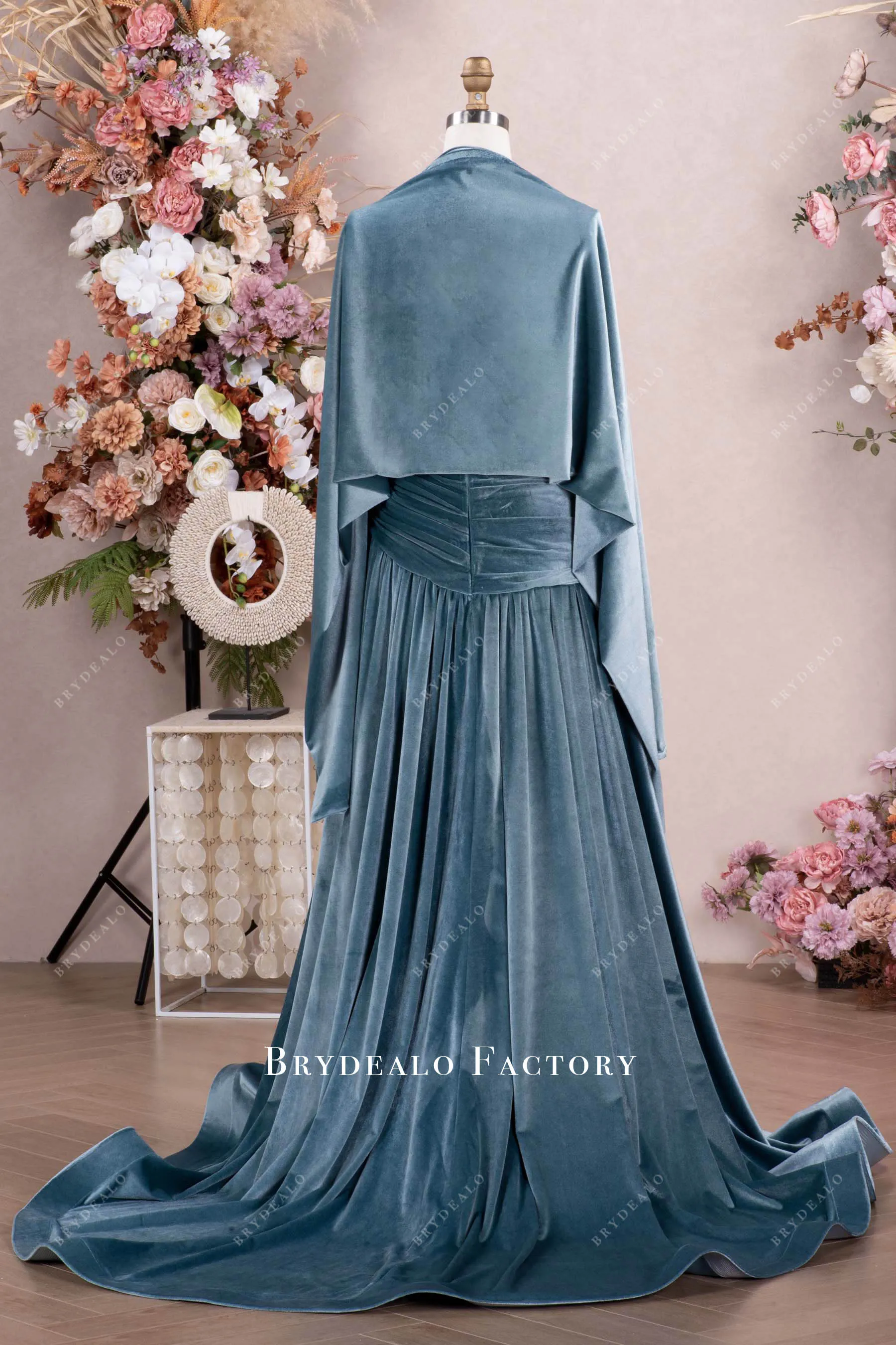 Elegant Dusty Blue Velvet Ruched Formal Dress with Shawl