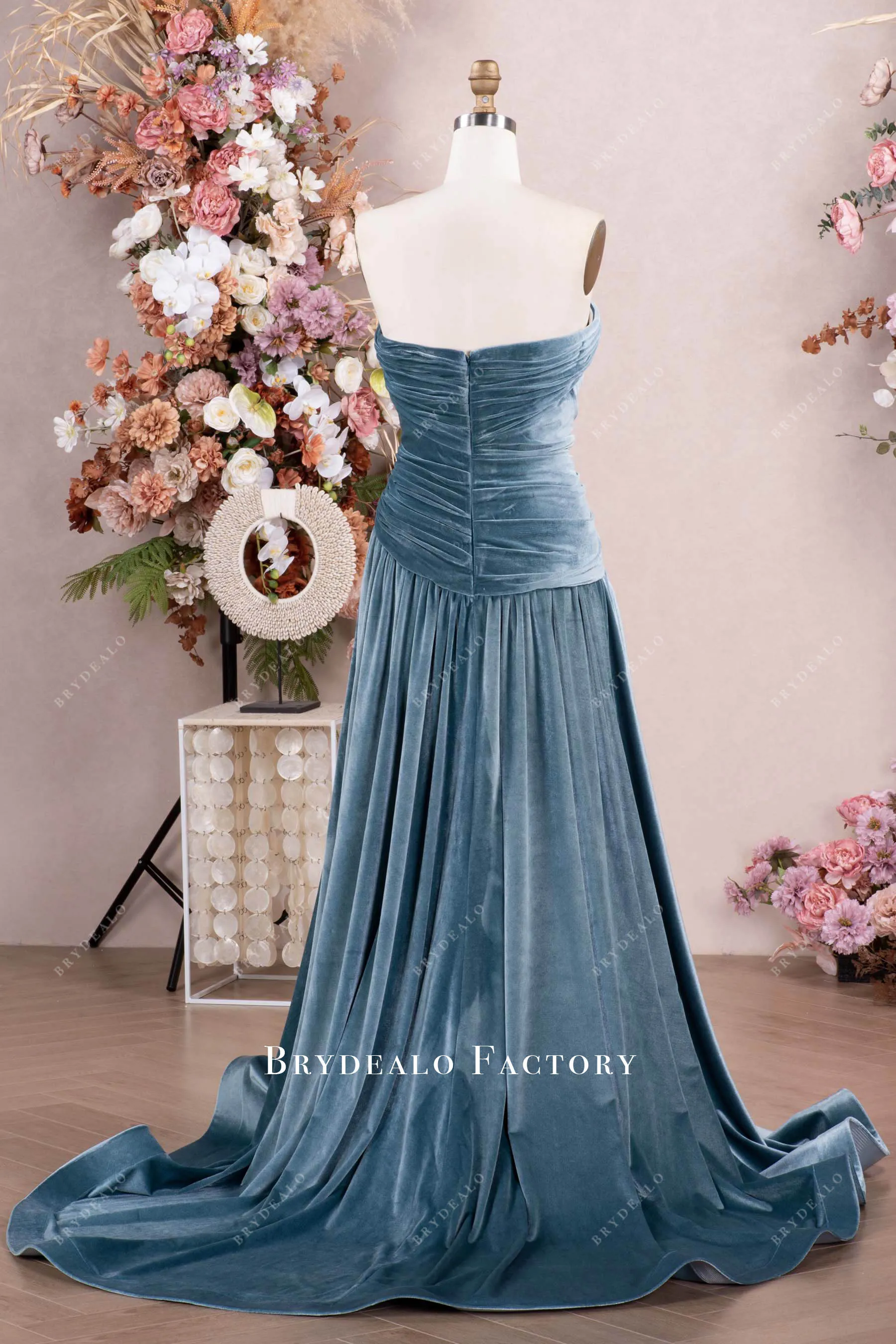 Elegant Dusty Blue Velvet Ruched Formal Dress with Shawl