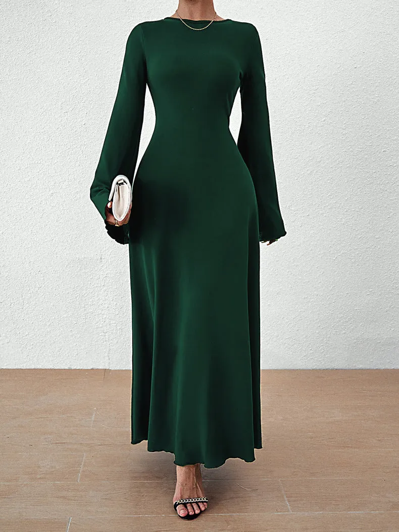 Elegant Solid Color Long Sleeve Round Neck Slim Fit Maxi Dress