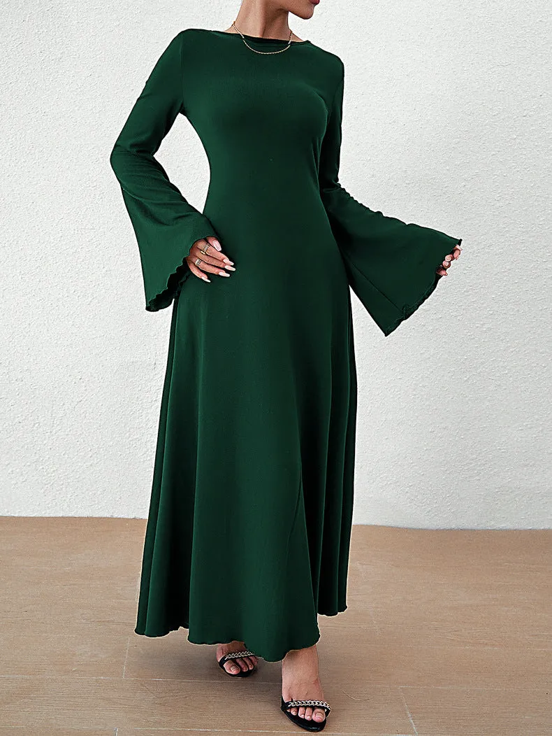 Elegant Solid Color Long Sleeve Round Neck Slim Fit Maxi Dress