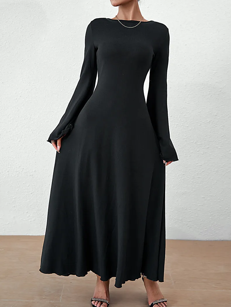 Elegant Solid Color Long Sleeve Round Neck Slim Fit Maxi Dress