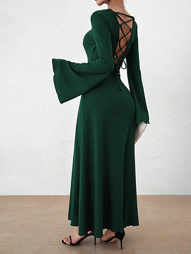 Elegant Solid Color Long Sleeve Round Neck Slim Fit Maxi Dress