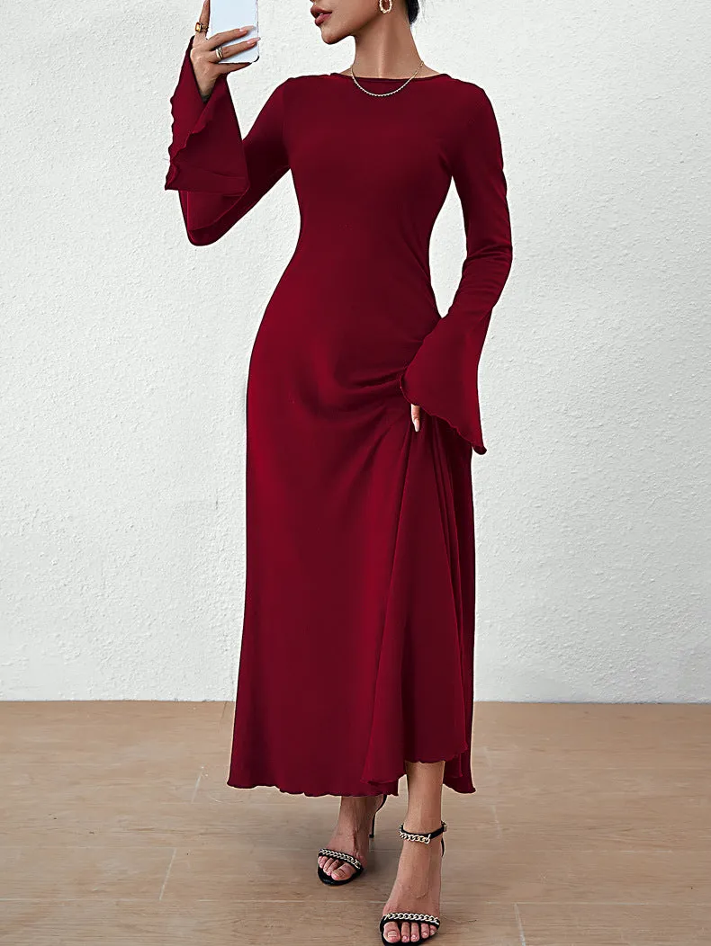 Elegant Solid Color Long Sleeve Round Neck Slim Fit Maxi Dress