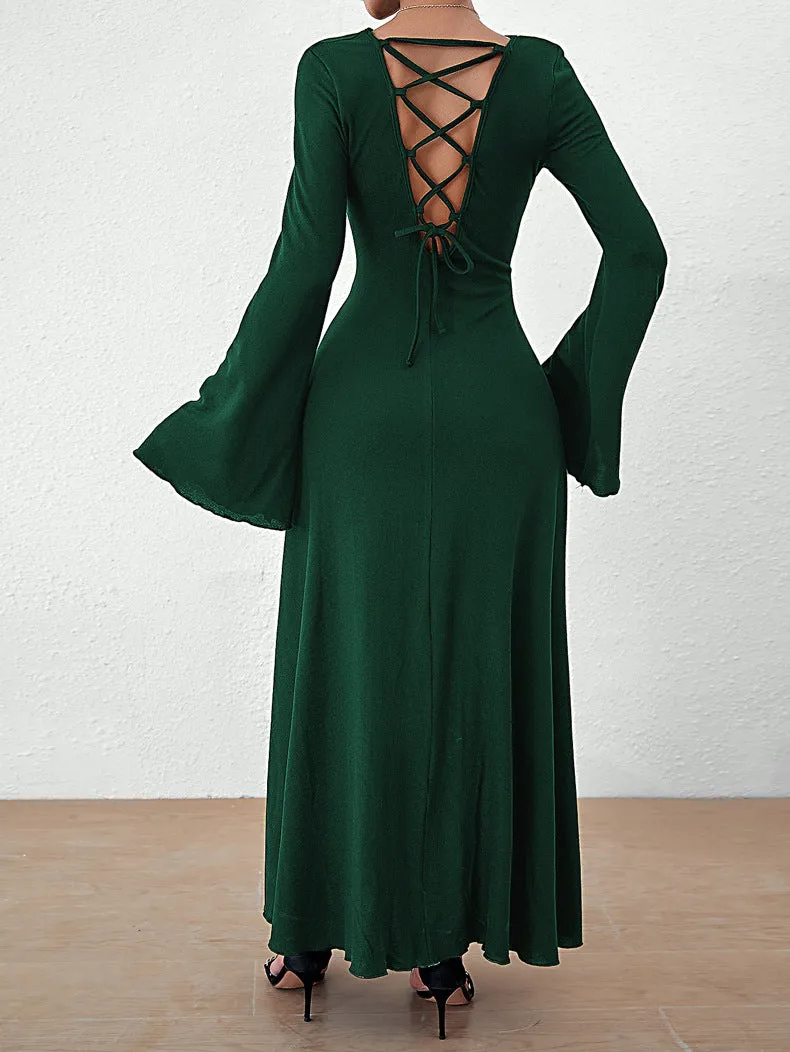 Elegant Solid Color Long Sleeve Round Neck Slim Fit Maxi Dress