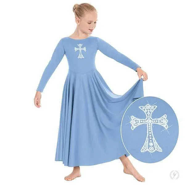 Eurotard Girls Long Sleeve Praise Dress with Rhinestone Royal Cross