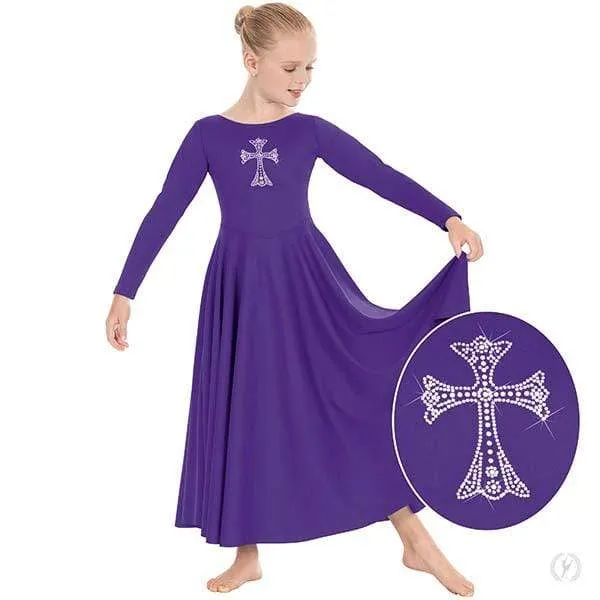 Eurotard Girls Long Sleeve Praise Dress with Rhinestone Royal Cross