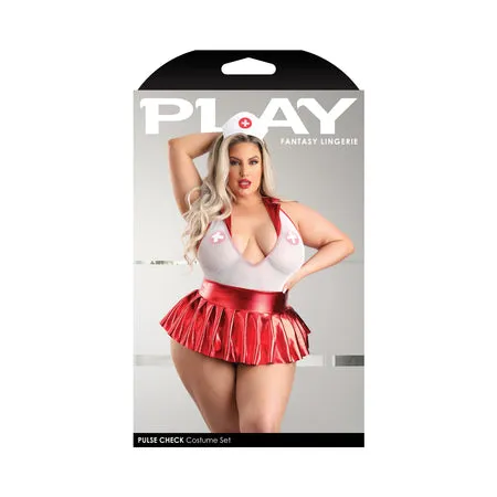 Fantasy Lingerie Play Pulse Check Collared Teddy with Open Back: Pleated Skirt: Medic Hat & 1 pair of Pasties Costume 3XL/4XL