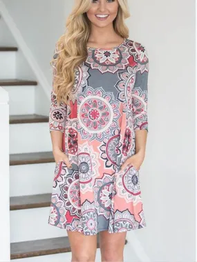 Fashion print collar Casual Boho Vacation  Dresses