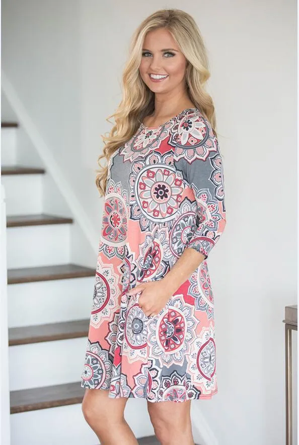 Fashion print collar Casual Boho Vacation  Dresses