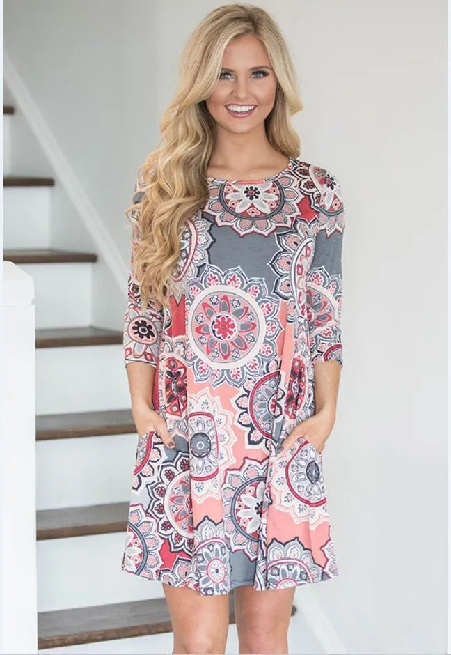 Fashion print collar Casual Boho Vacation  Dresses