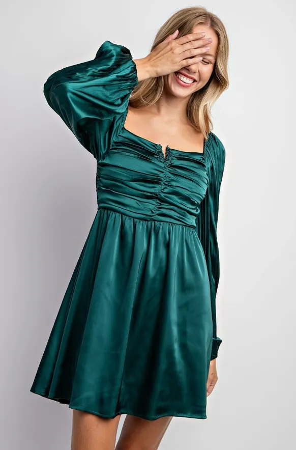 Festive Night Pleated Bubble Sleeve Satin Mini Dress