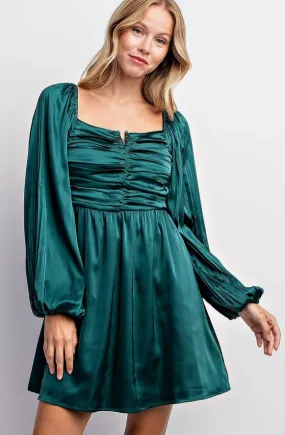 Festive Night Pleated Bubble Sleeve Satin Mini Dress