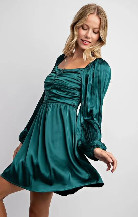 Festive Night Pleated Bubble Sleeve Satin Mini Dress