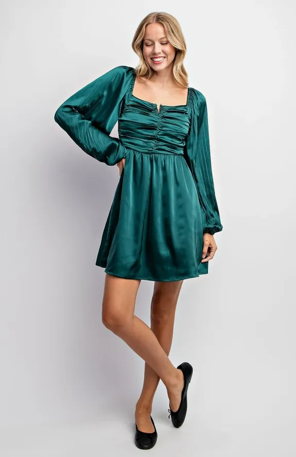 Festive Night Pleated Bubble Sleeve Satin Mini Dress