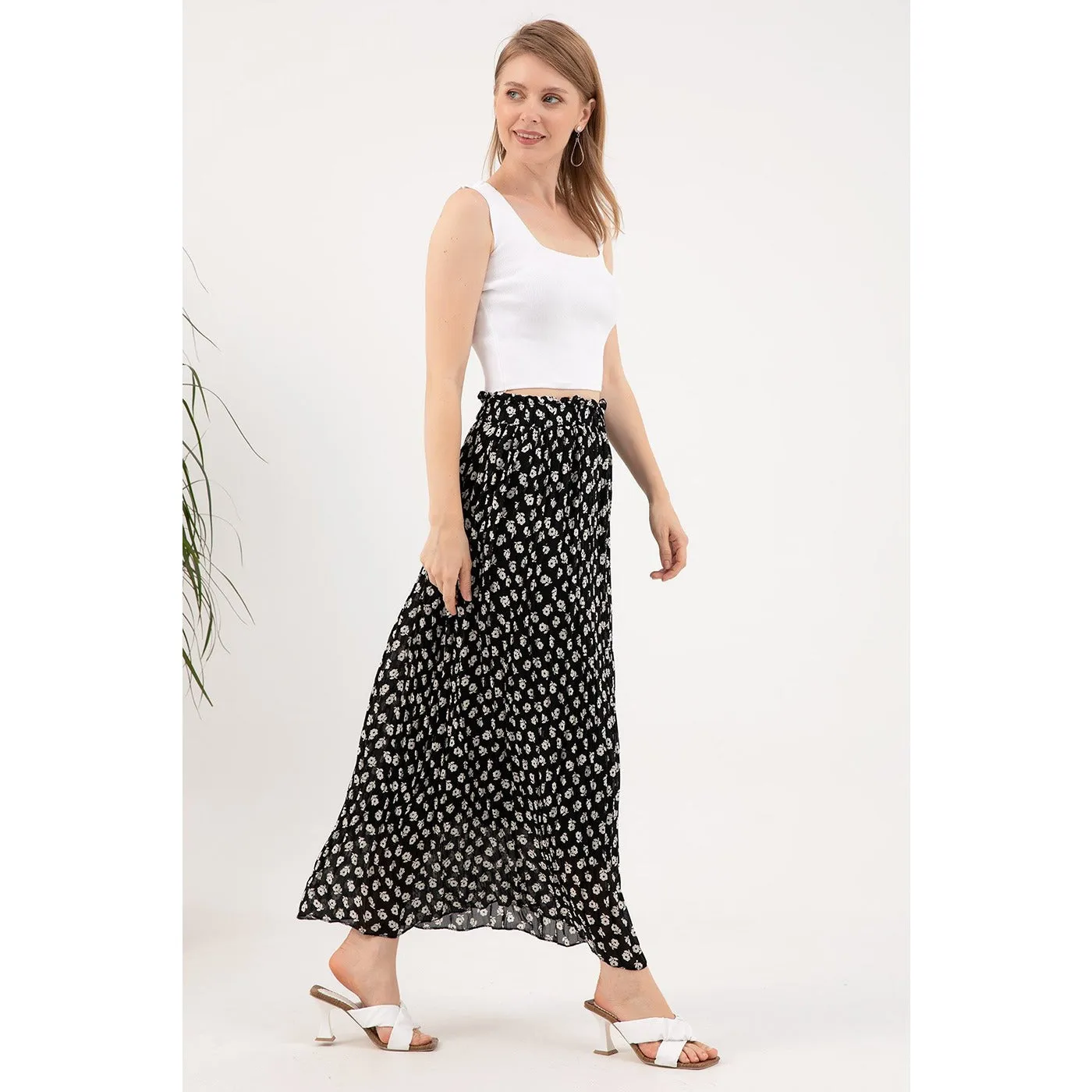 Floral Lined Chiffon Pleated Skirt