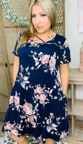 Floral Navy Criss Cross Detail Dress