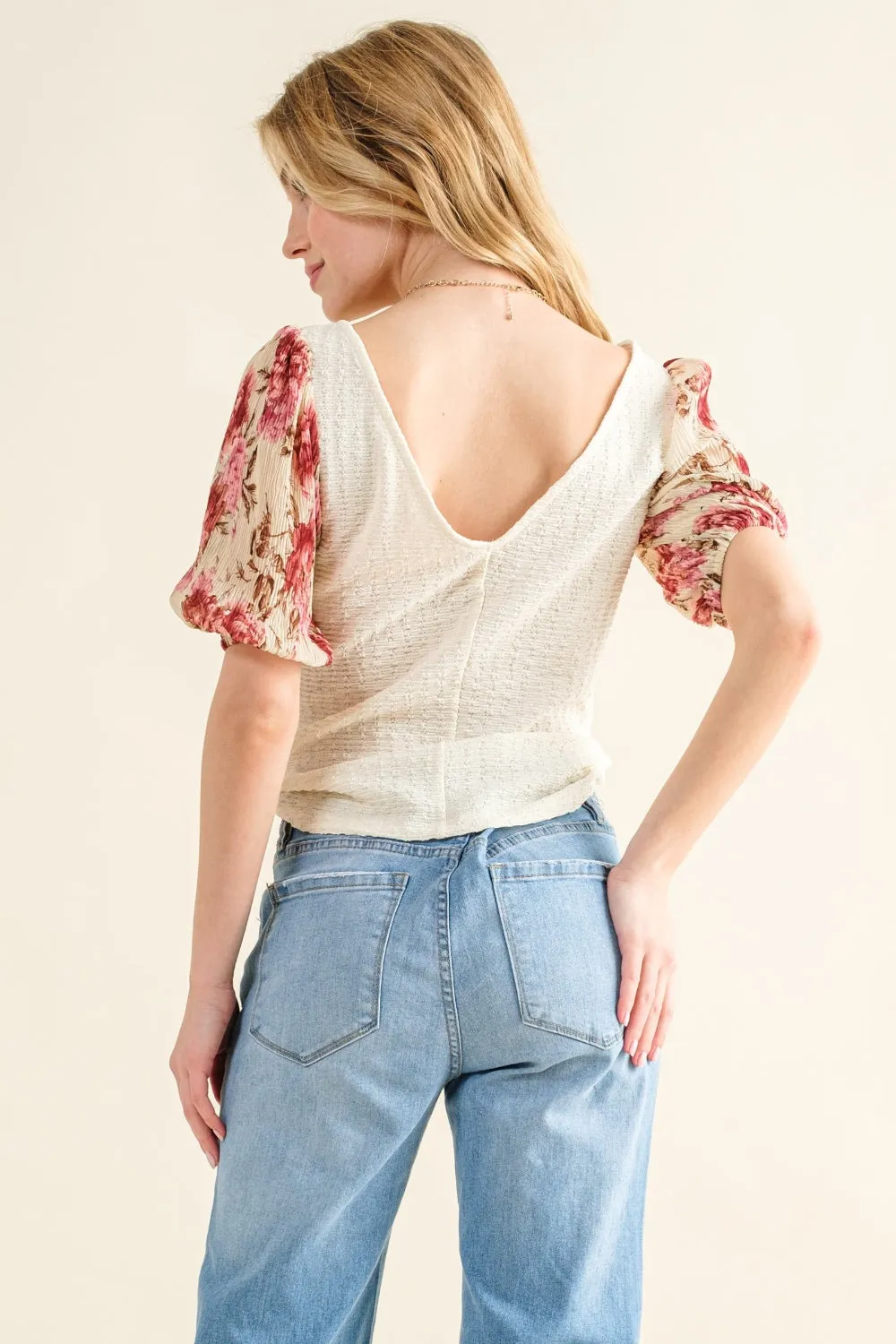 Full Size Floral Print Textured Sleeve Knit Top