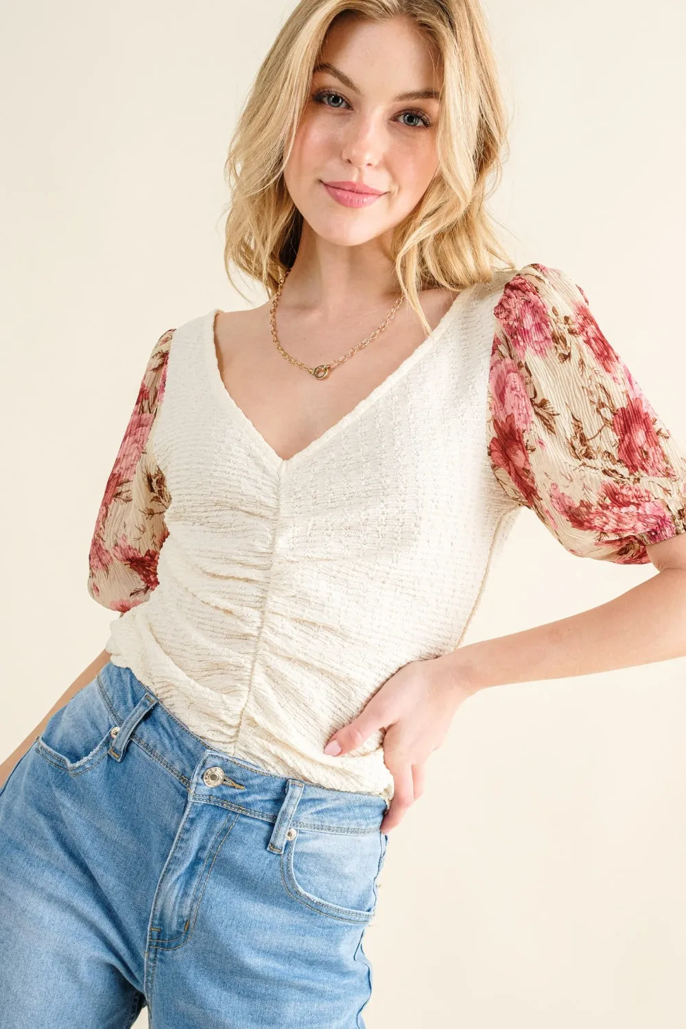 Full Size Floral Print Textured Sleeve Knit Top