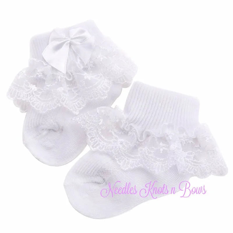 Girls White Lace Ankle Socks w/ Bows, Baby Toddler