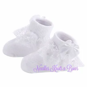 Girls White Lace Ankle Socks w/ Bows, Baby Toddler