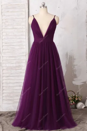 Grape Tulle Sexy Plunging Open Back Thin Straps Open Back Dress