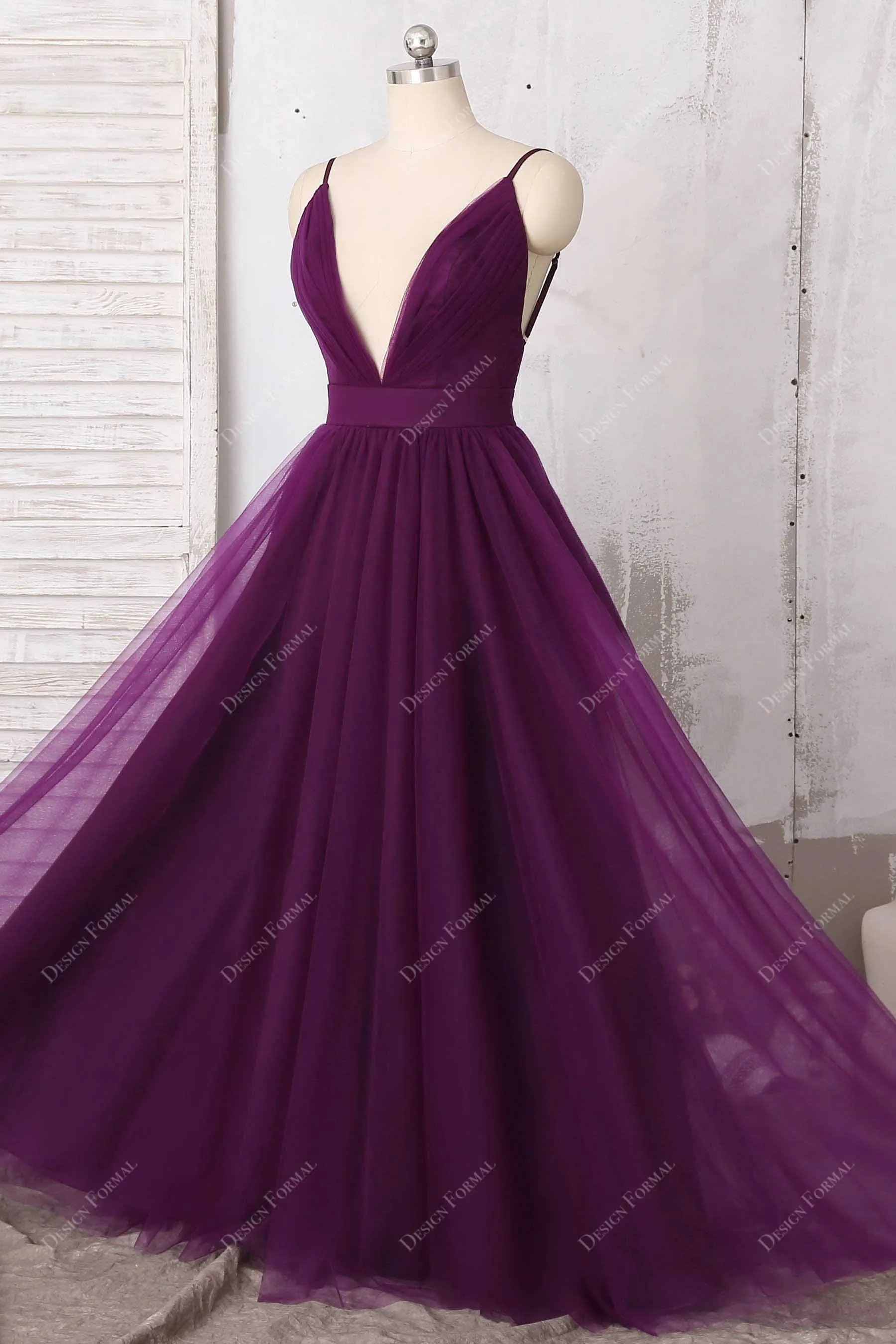 Grape Tulle Sexy Plunging Open Back Thin Straps Open Back Dress