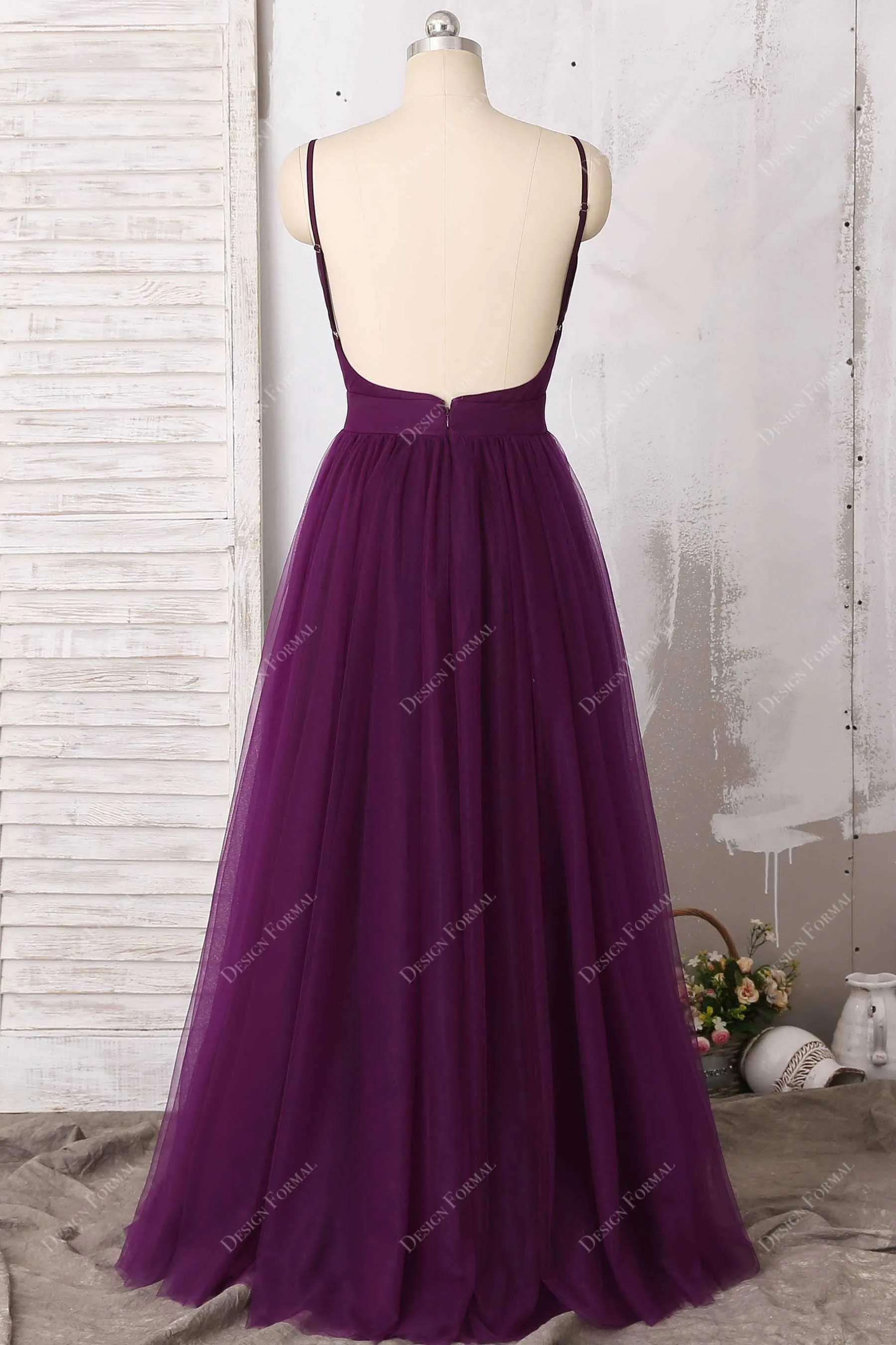 Grape Tulle Sexy Plunging Open Back Thin Straps Open Back Dress