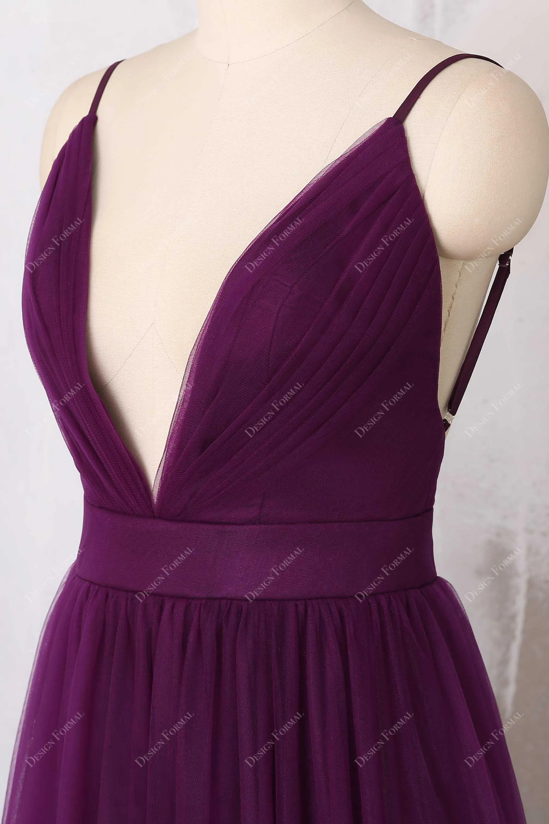 Grape Tulle Sexy Plunging Open Back Thin Straps Open Back Dress