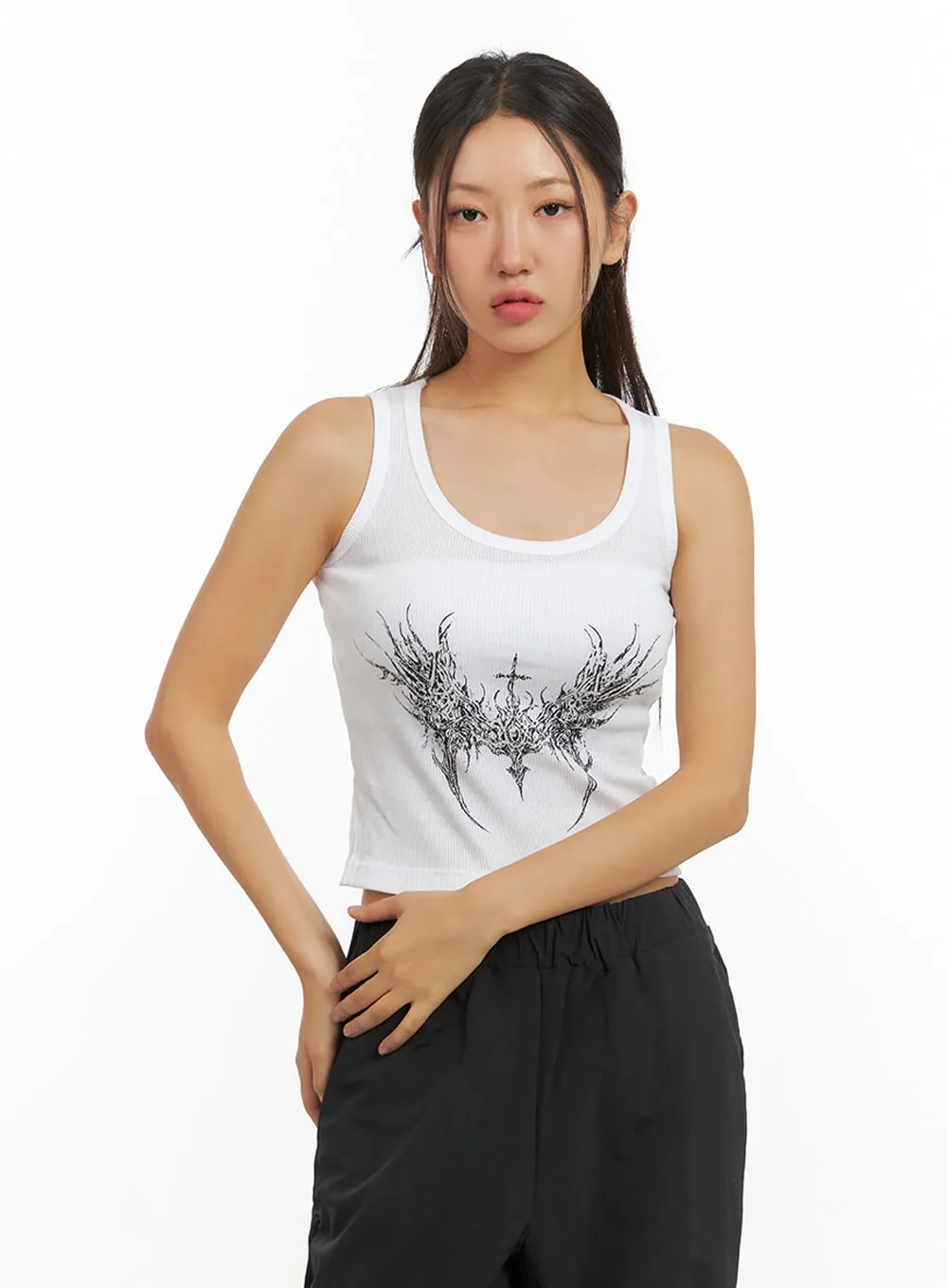 Graphic U-Neck Tank Crop Top IS402