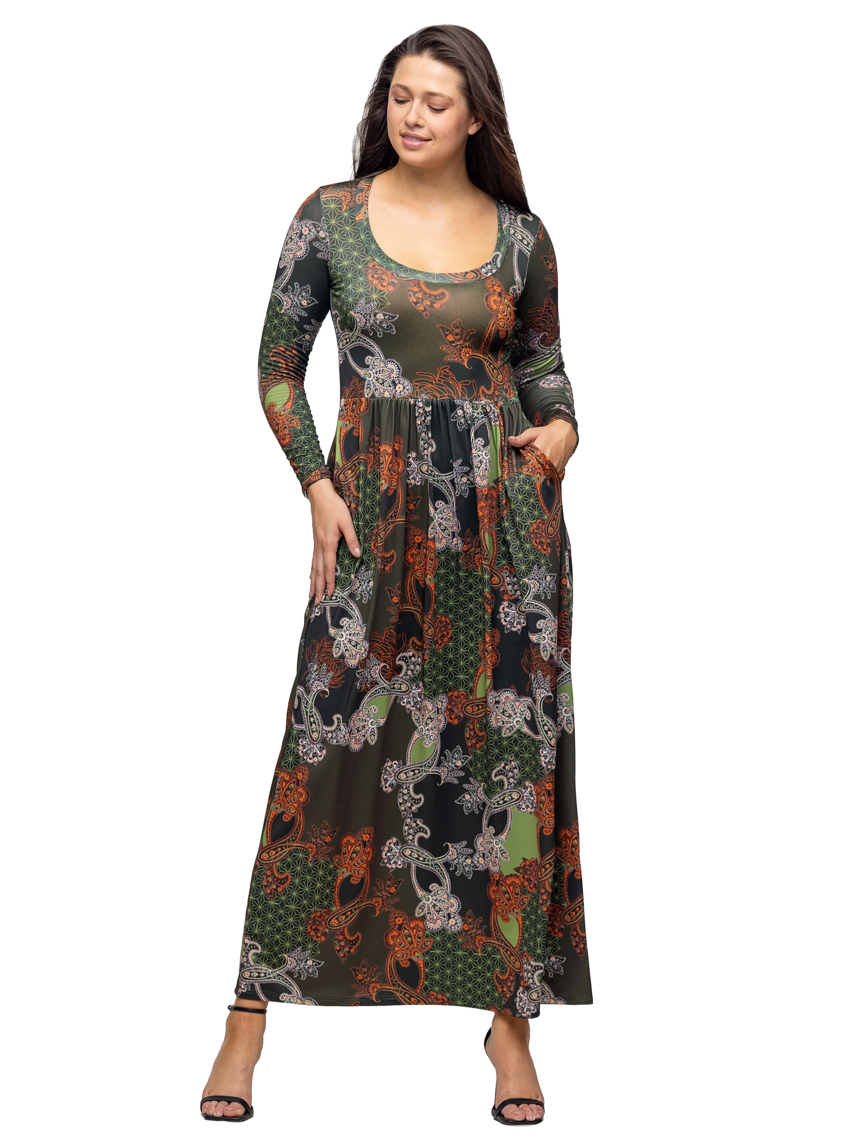 Green Long Sleeve Empire Waist Pocket Maxi Dress