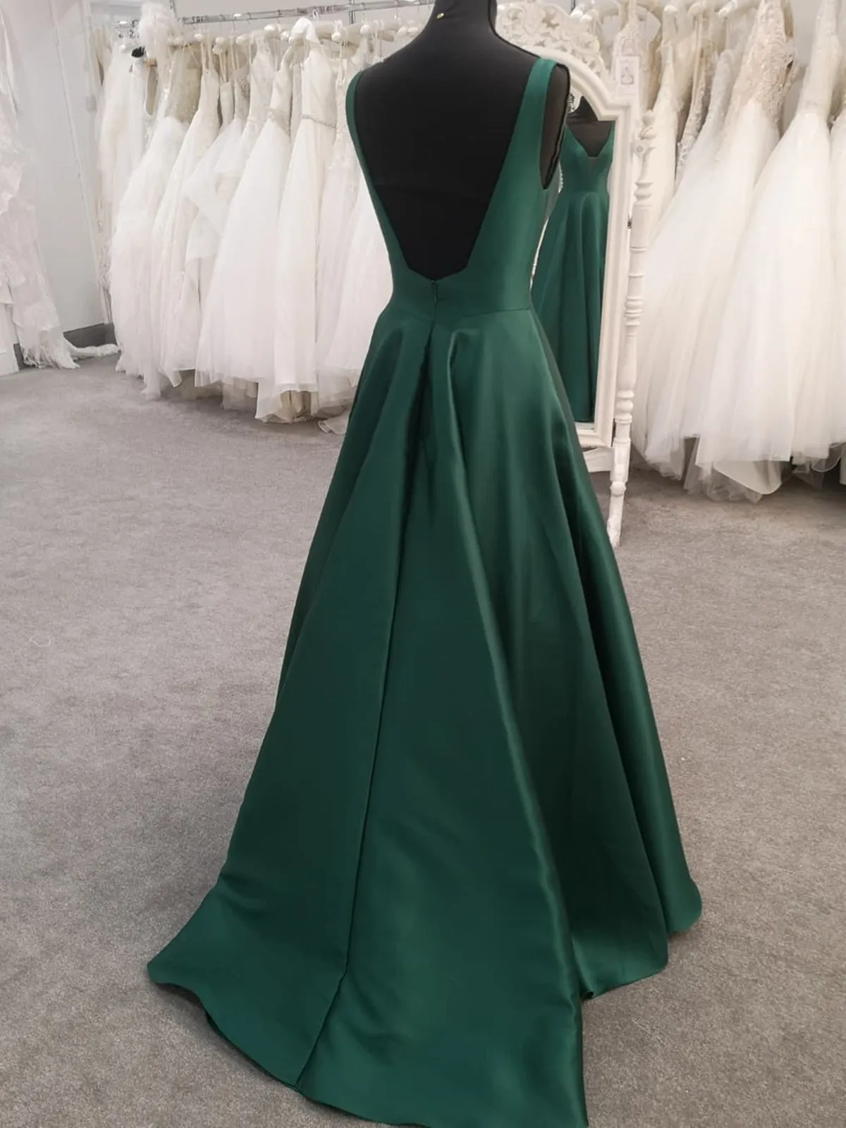 Green Satin V Neck Open Back Long Prom Dresses, V Neck Green Formal Evening Dresses