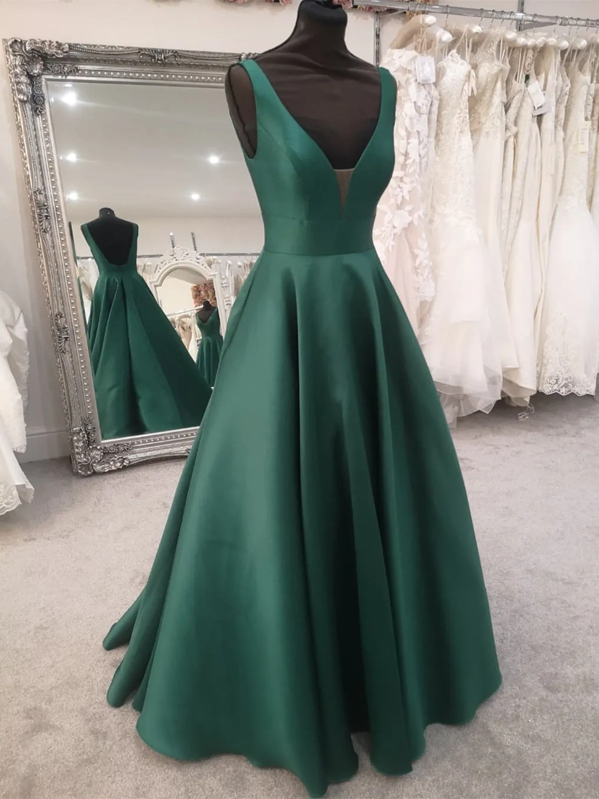 Green Satin V Neck Open Back Long Prom Dresses, V Neck Green Formal Evening Dresses