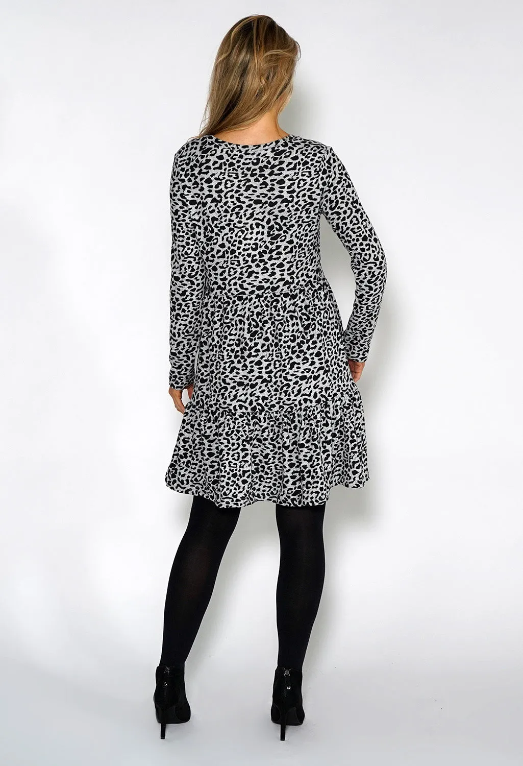 Grey Mini Leopard Print Knit Dress