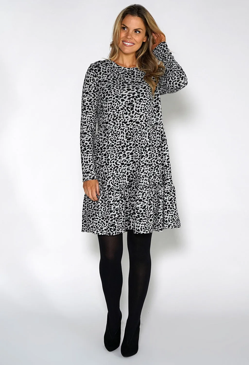 Grey Mini Leopard Print Knit Dress