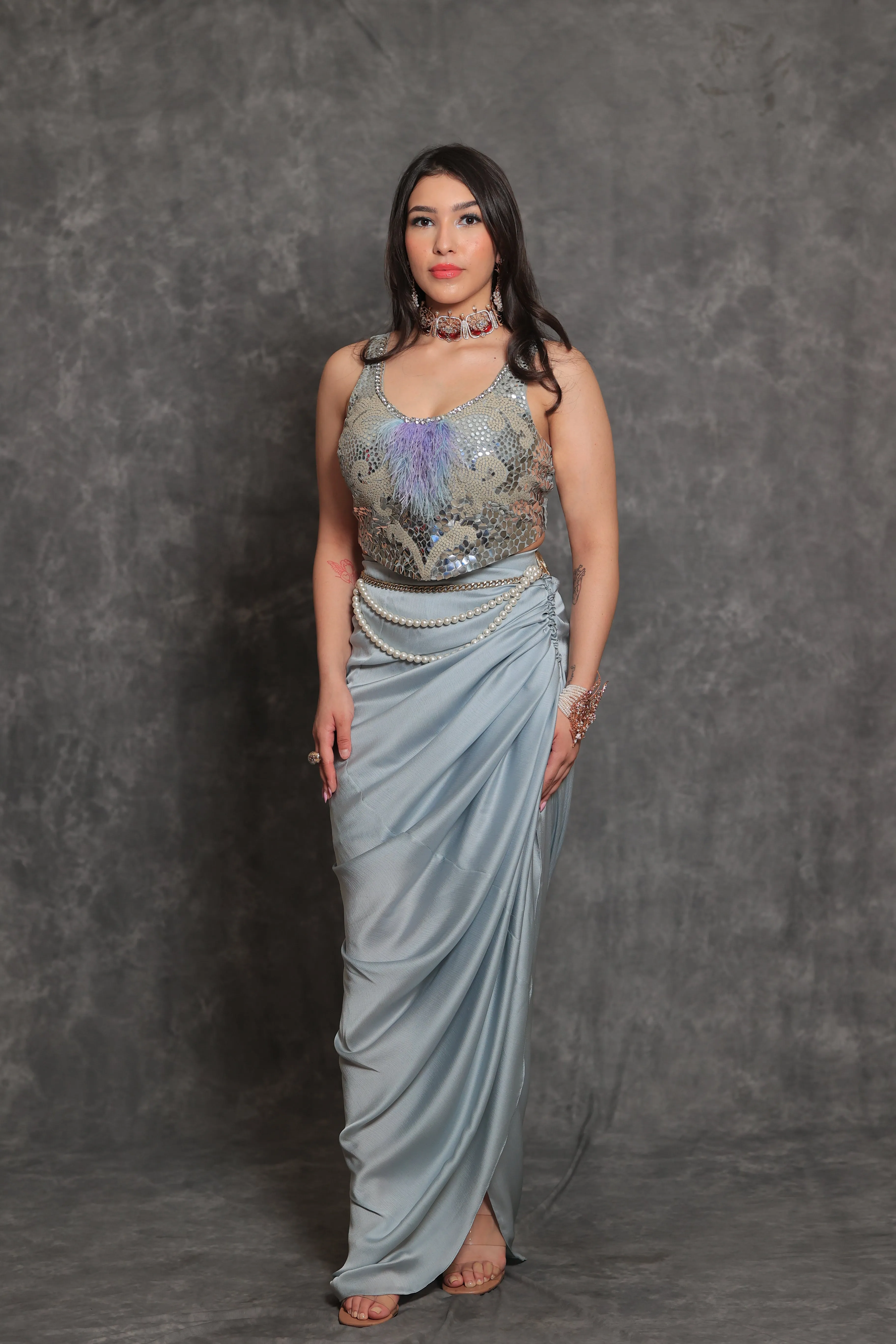 Grey Sculpted Blouse & Drape Skirt