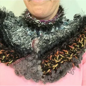 Hand knit in one piece soft infinity shoulder wrap adornment with multiple stitch and color textures. Winter scarf.