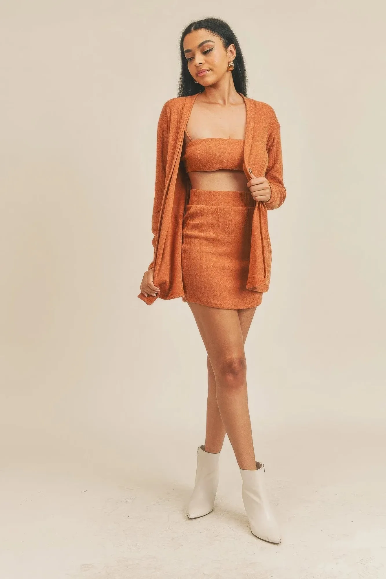 Hot Girl Delilah Three Piece Skirt Set In Rust