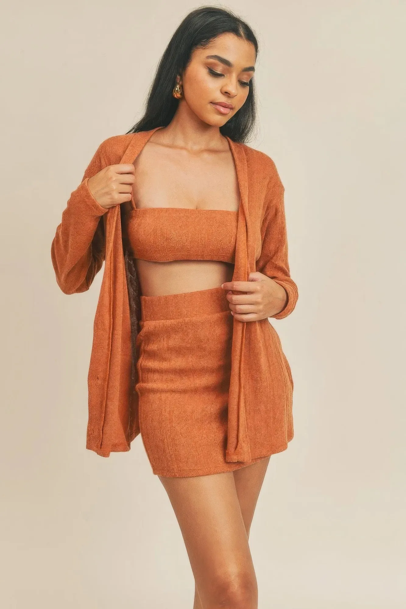 Hot Girl Delilah Three Piece Skirt Set In Rust