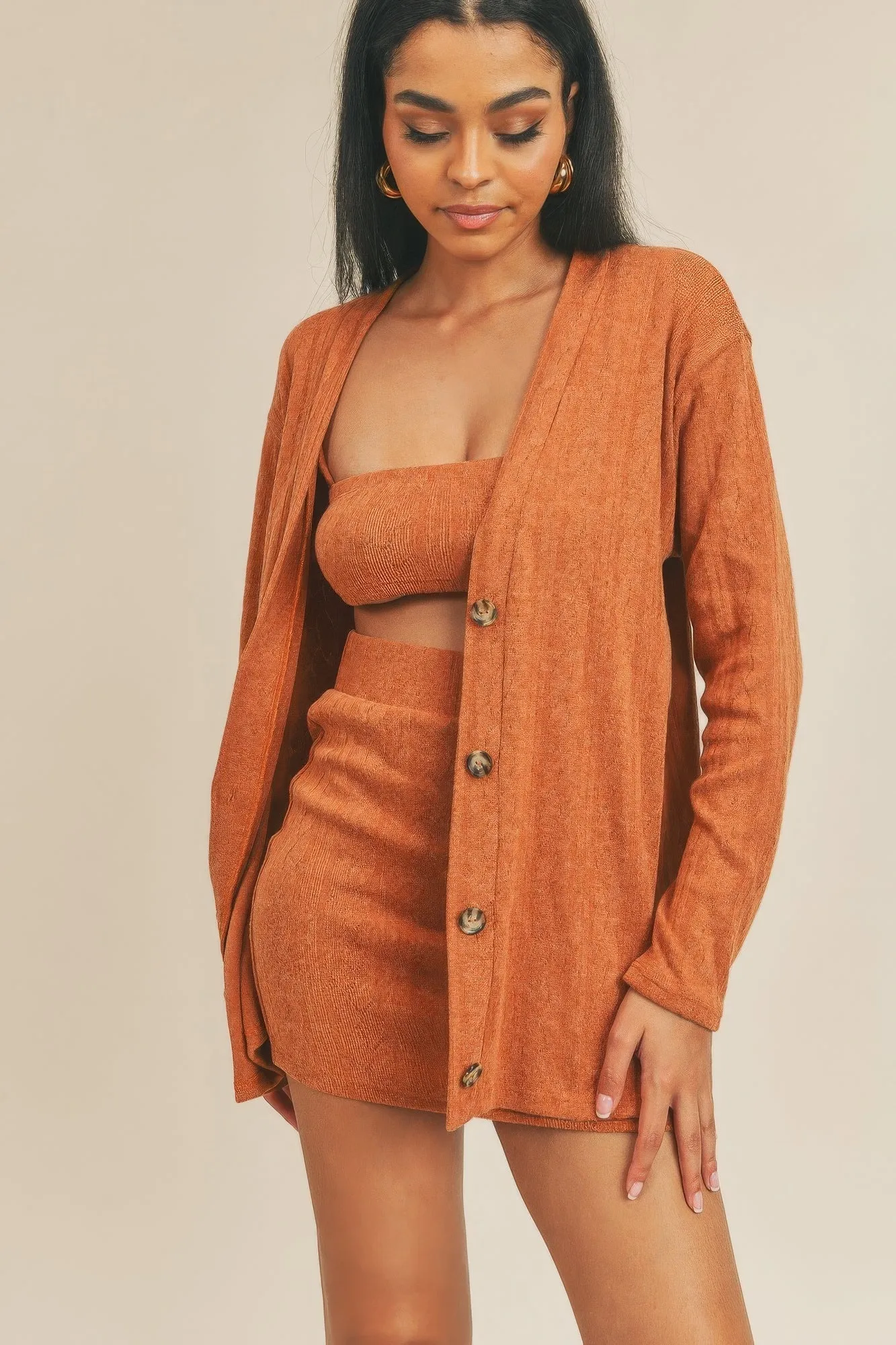 Hot Girl Delilah Three Piece Skirt Set In Rust