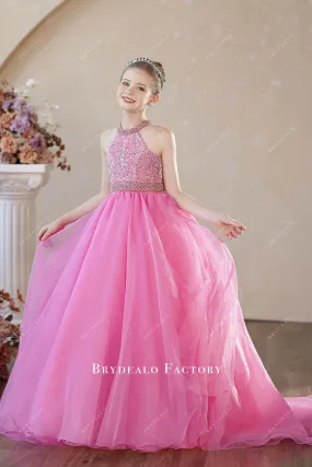 Iridescent Pink Sequin Halter Organza Young Girl Pageant Dress