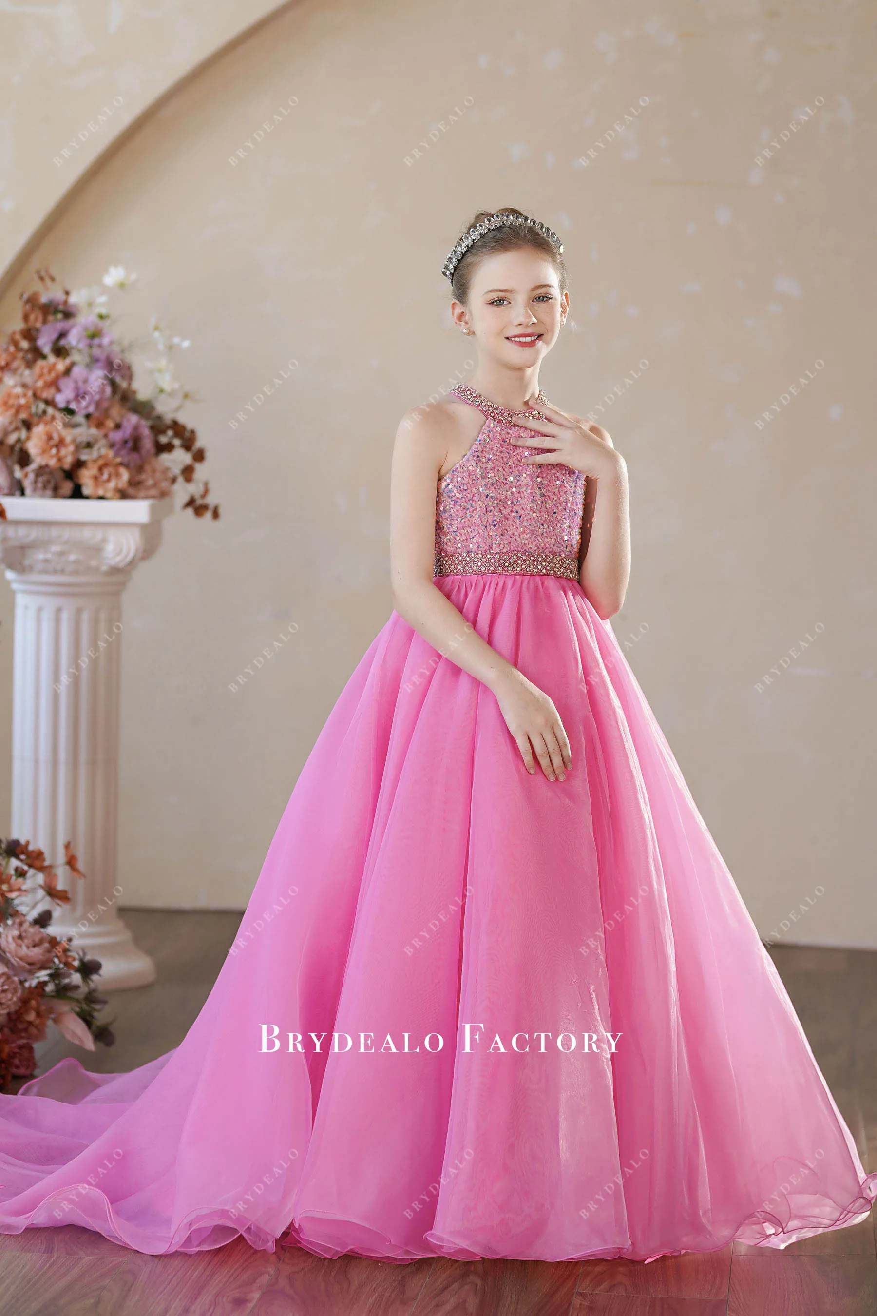 Iridescent Pink Sequin Halter Organza Young Girl Pageant Dress