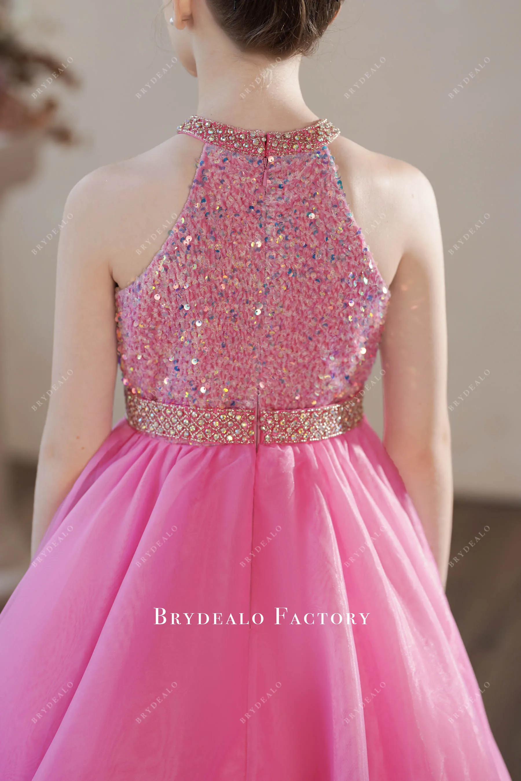 Iridescent Pink Sequin Halter Organza Young Girl Pageant Dress