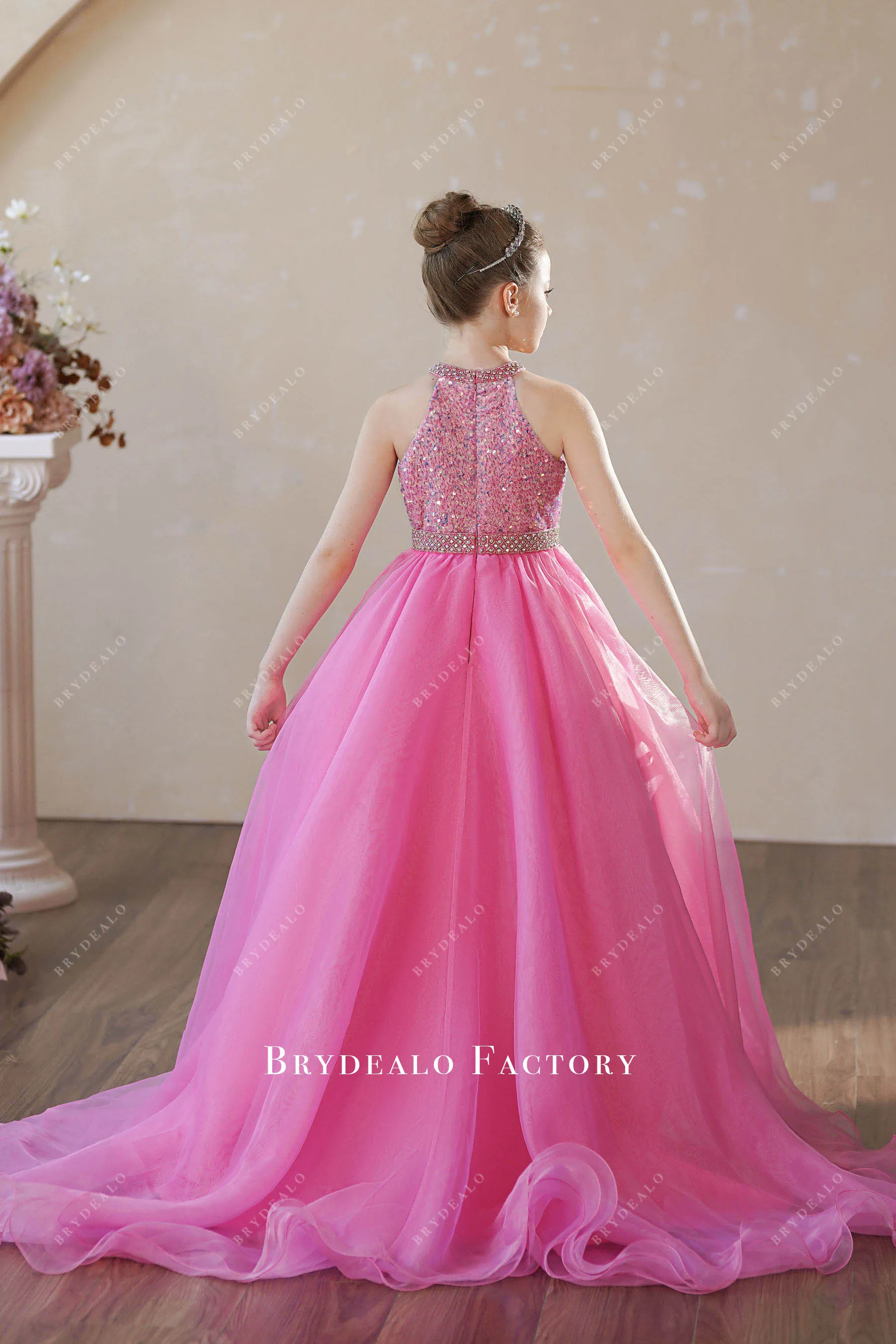 Iridescent Pink Sequin Halter Organza Young Girl Pageant Dress