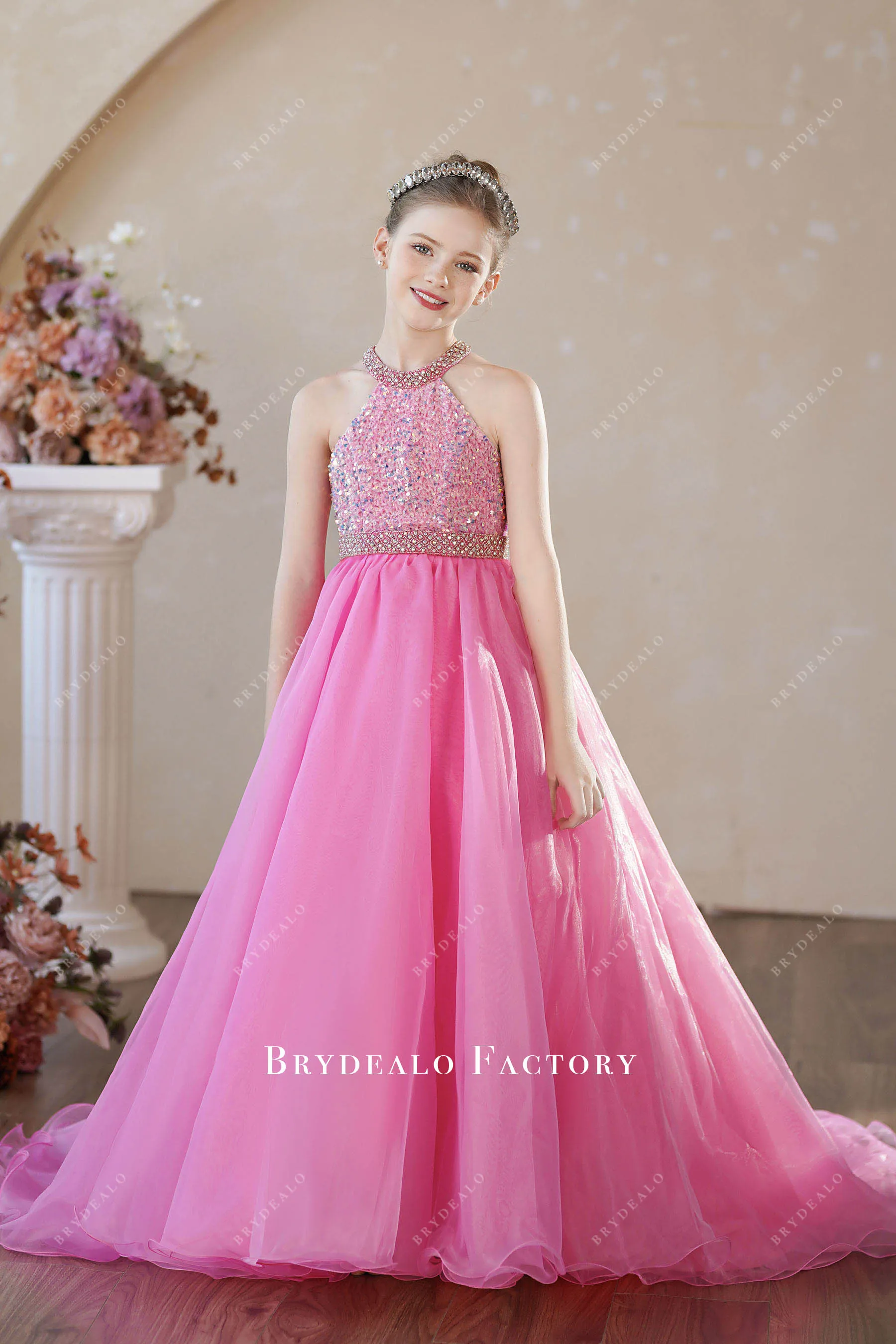 Iridescent Pink Sequin Halter Organza Young Girl Pageant Dress