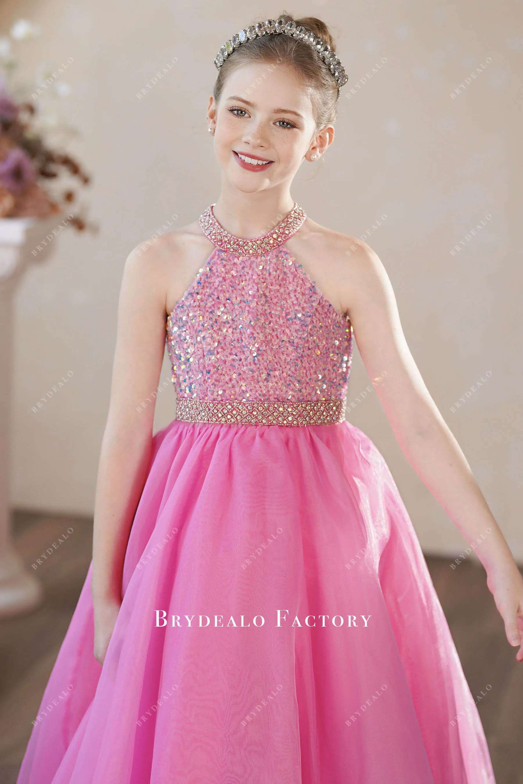 Iridescent Pink Sequin Halter Organza Young Girl Pageant Dress