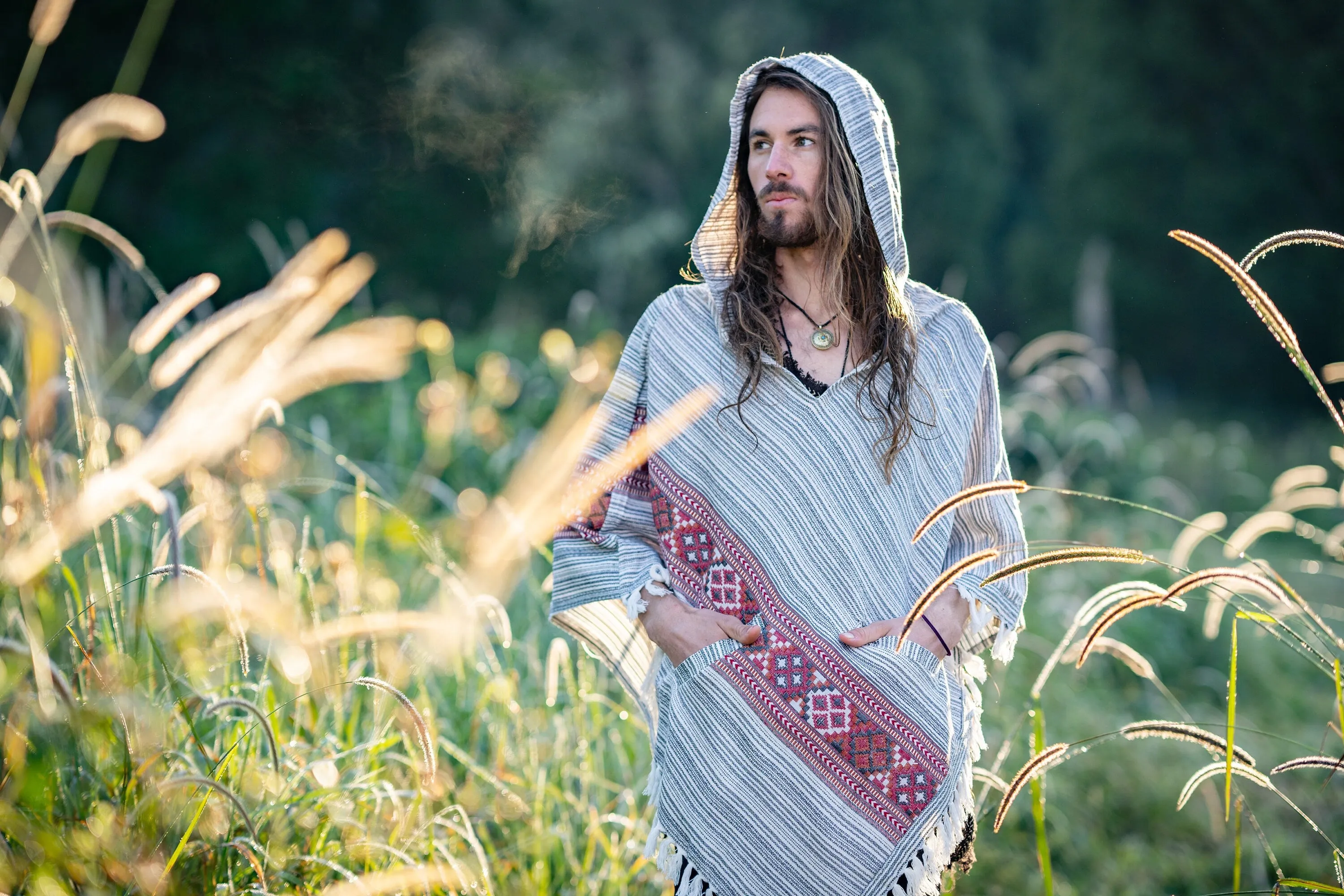 JHANA Mens Hooded Poncho Yak Wool and Acrylic Wool White and Grey with Hood Earthy Tribal Pattern Festival AJJAYA Primitive Alternative